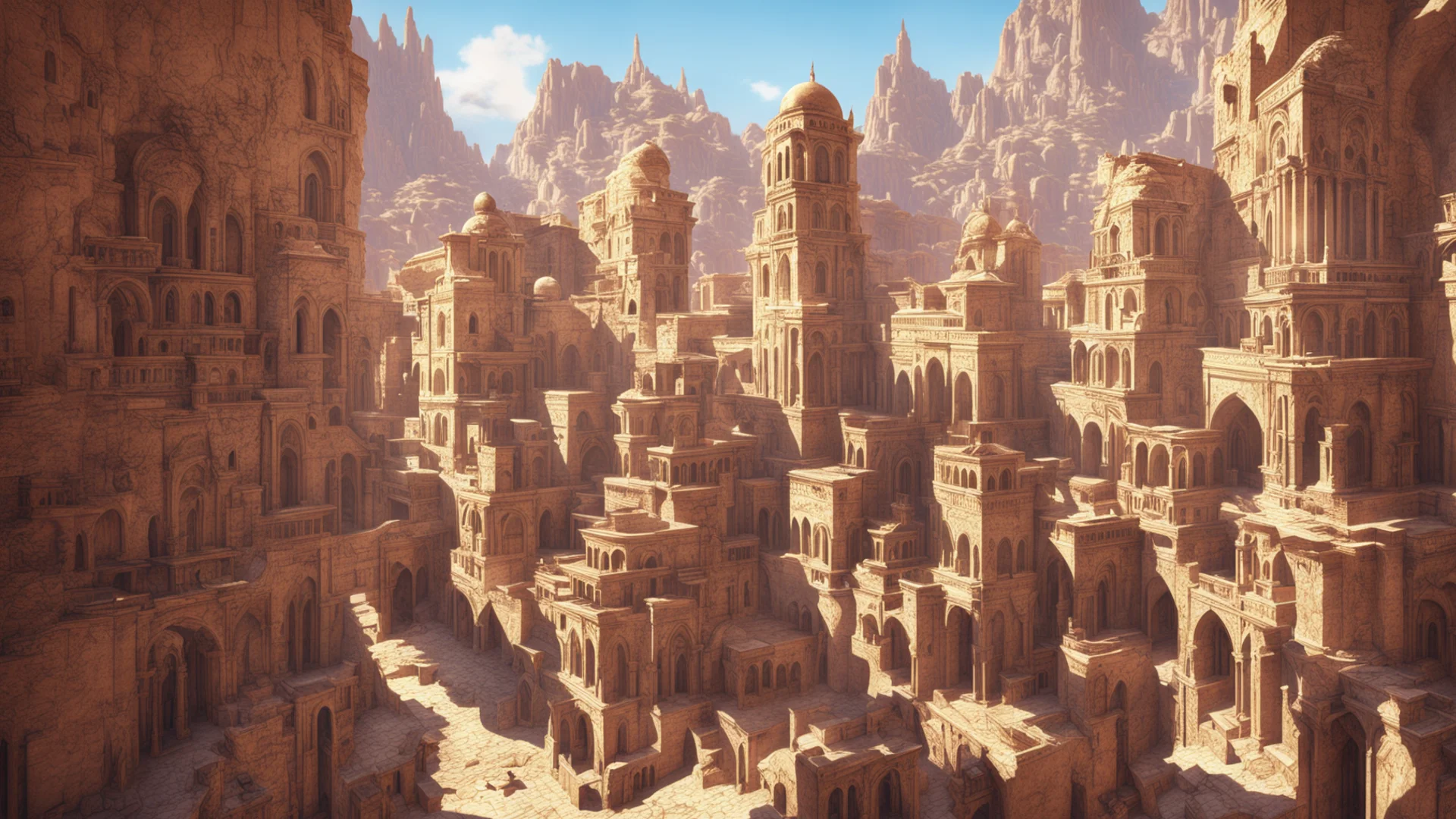 artstation art middle eastern city in canyon ornate architecture by marc simonetti natural volumetric lighting long shot realistic 4k octane beautifully detailed render  confident engaging wow 3 wid