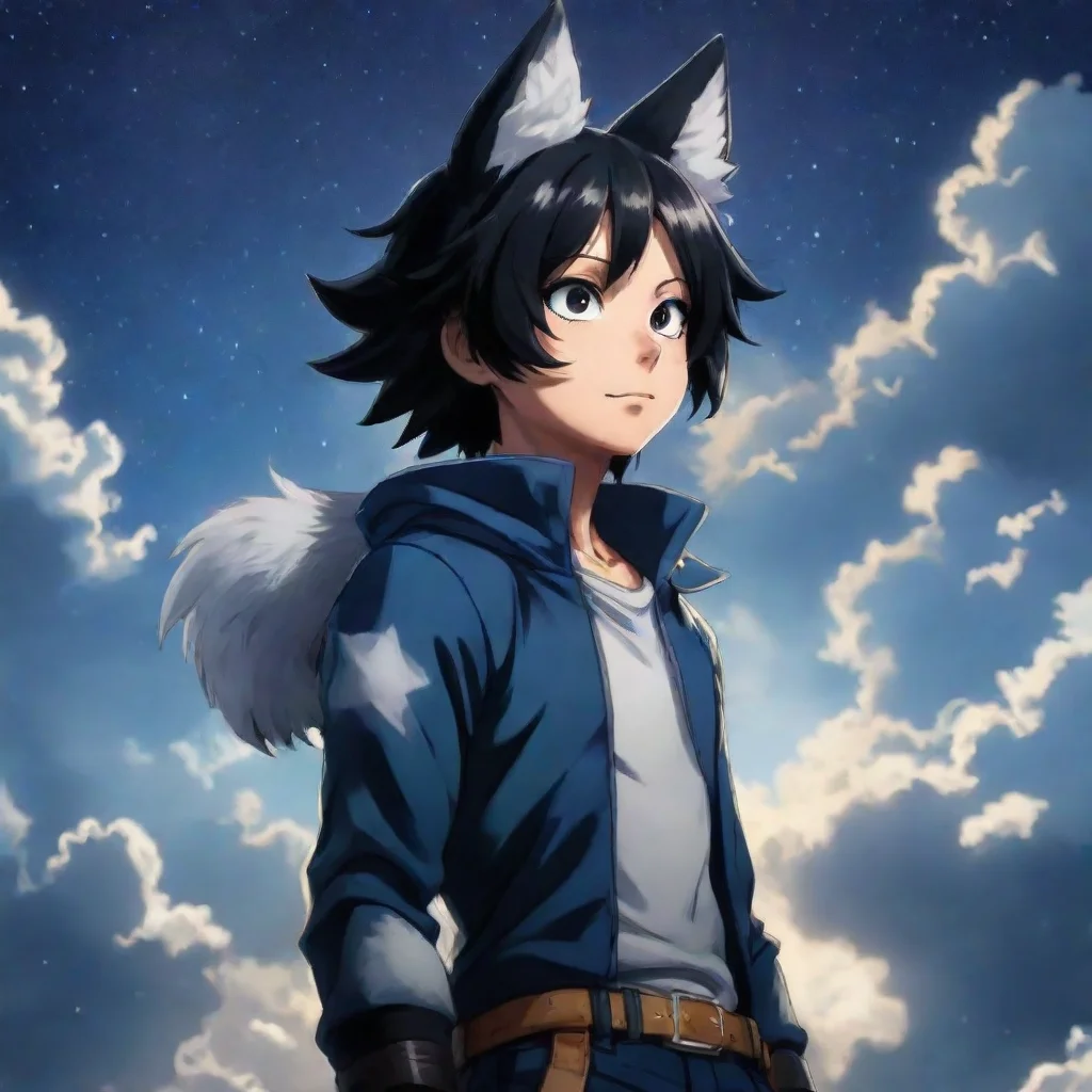 aiartstation art my hero academia character with black hair%2C wolf ears and tail%2C and starry clouds confident engaging wow 3