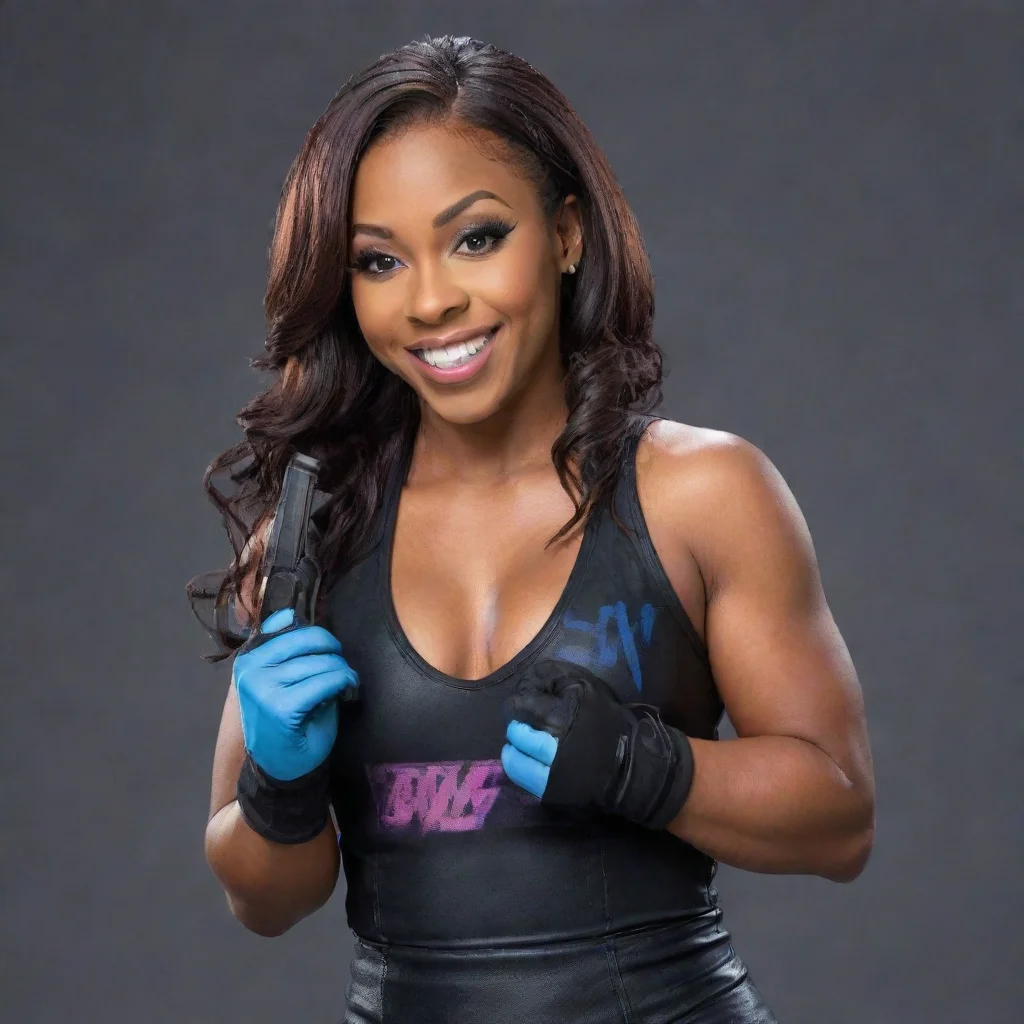 artstation art naomi from wwe smiling with nitrile gloves and gun confident engaging wow 3