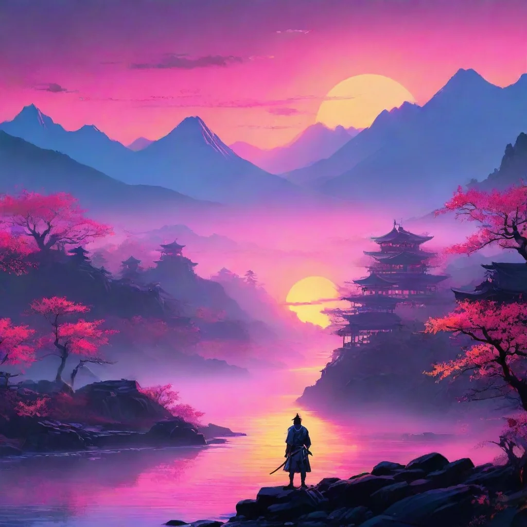 artstation art neon landscape samurai lovely picturesque looking at sunrise confident engaging wow 3