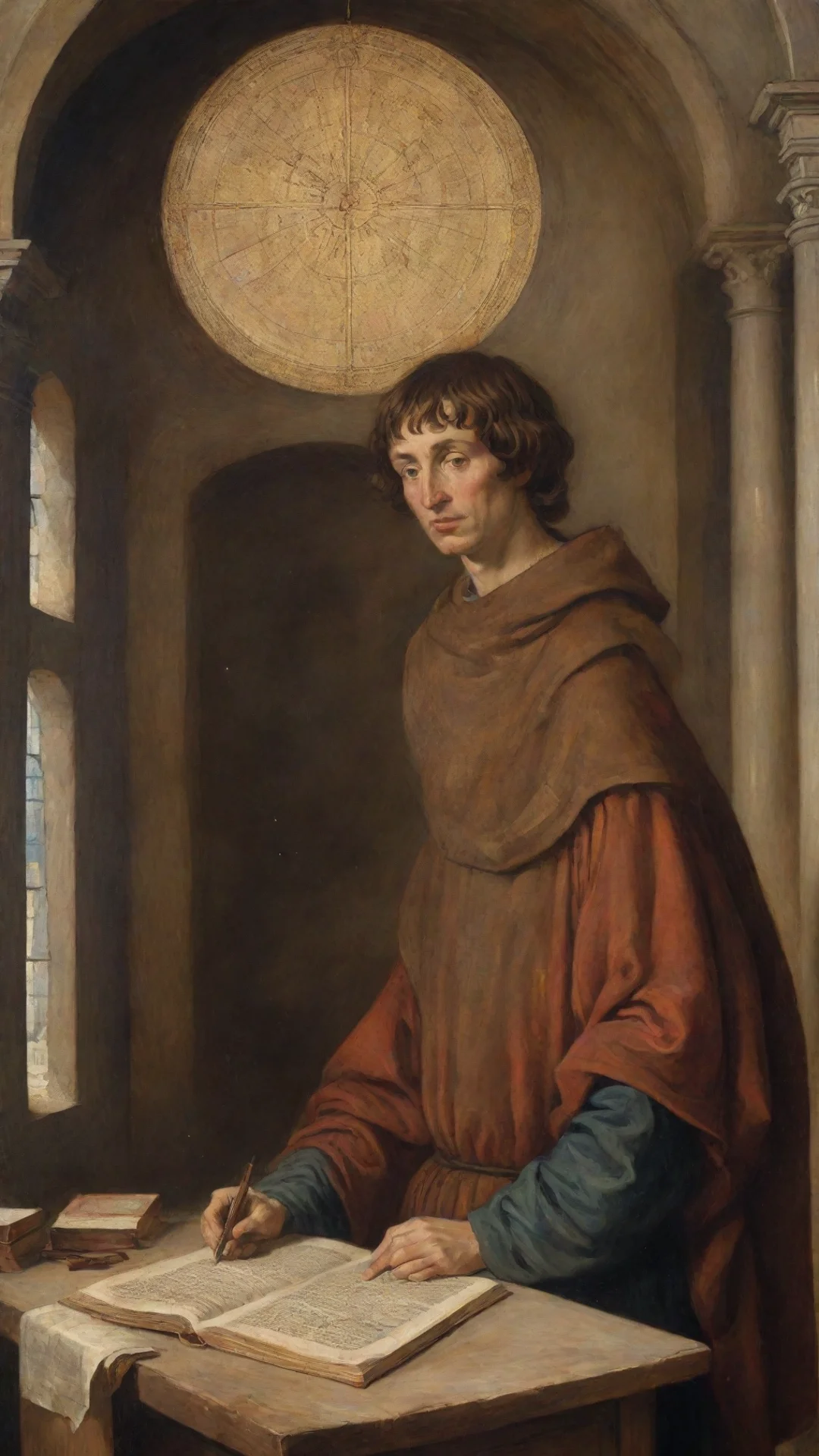 aiartstation art nicolaus copernicus studies on his heliocentric idea in a christian monastery in the morning%2C medieval%2C beautiful lighting%2C pyrography confident engaging wow 3 tall