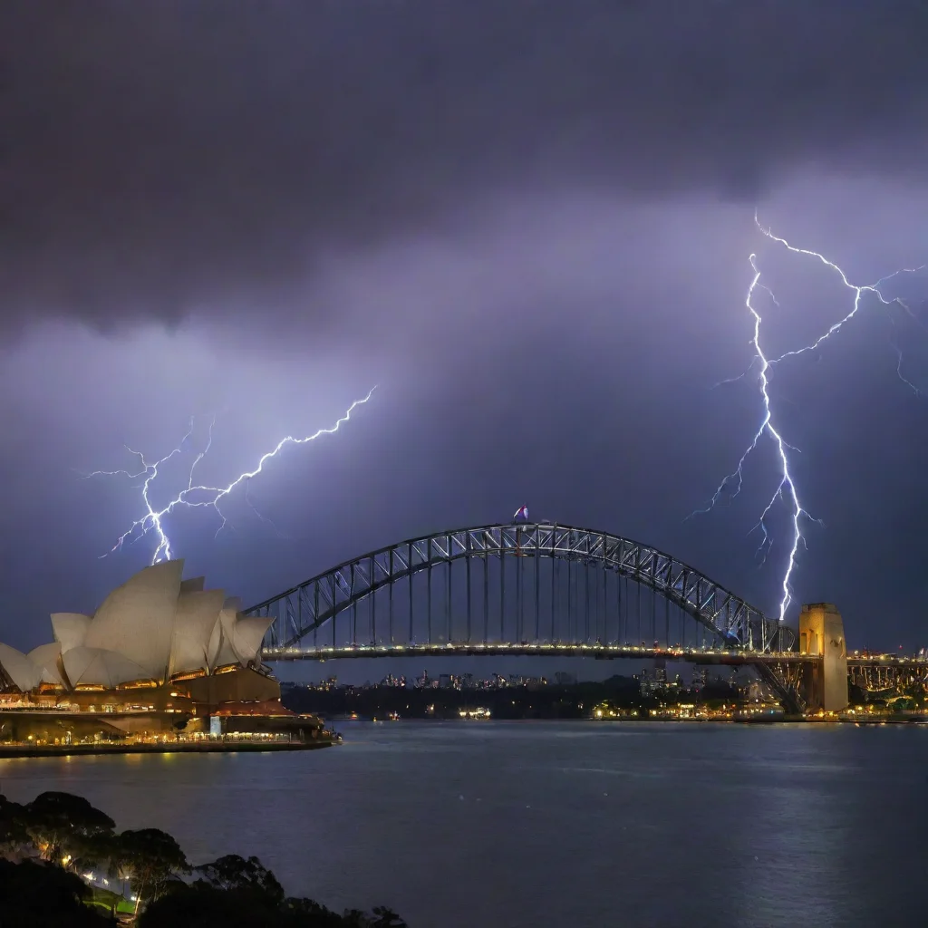 artstation art night scenes of sydney opera house and harbour bridge with thunder lighting  confident engaging wow 3