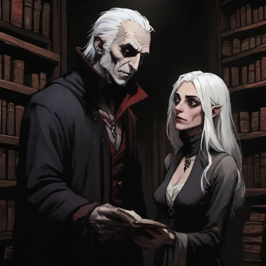 aiartstation art nosferatu and white haired woman in a bookstore darkest dungeon uplight confident engaging wow 3
