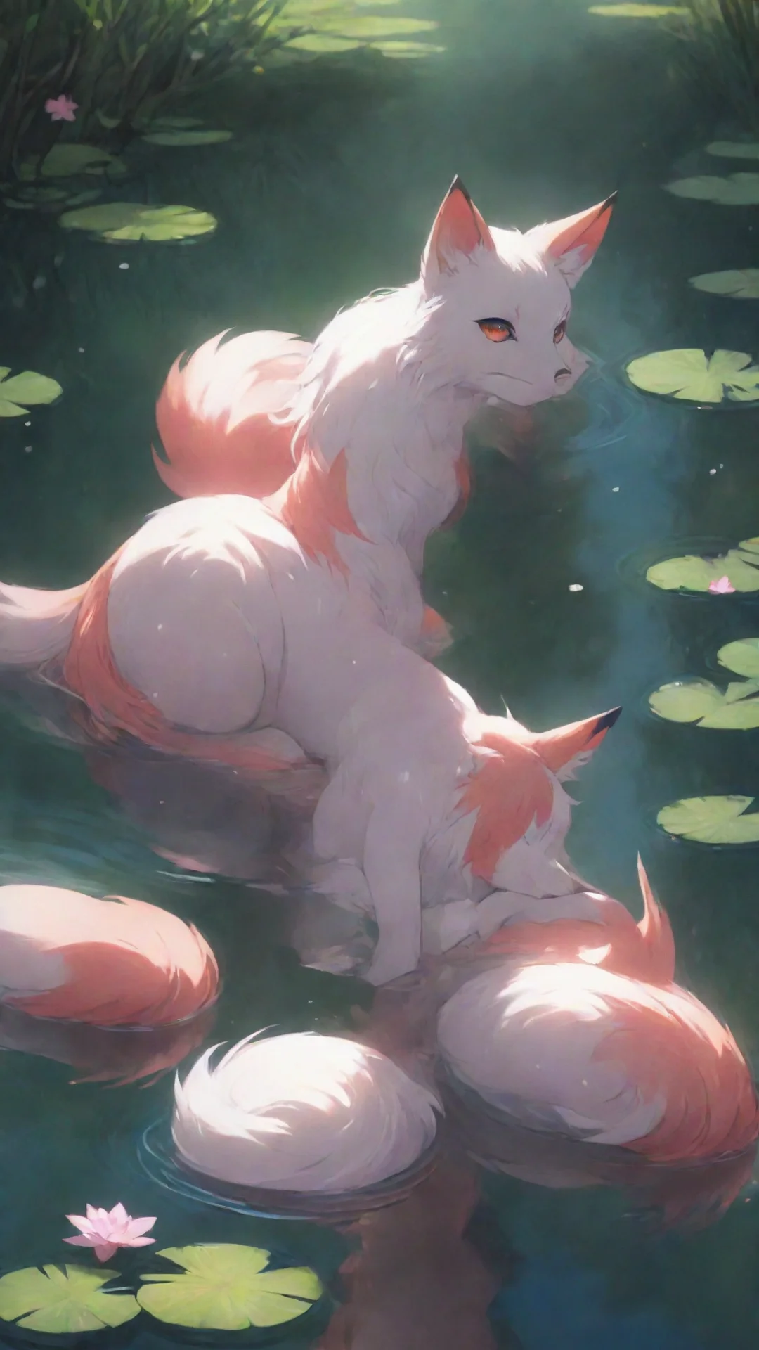 artstation art nostalgic colorful yandere kitsune as you lean over the pond you catch a glimpse of your reflection in the calm water however something seems different your eyes widen as you notice n
