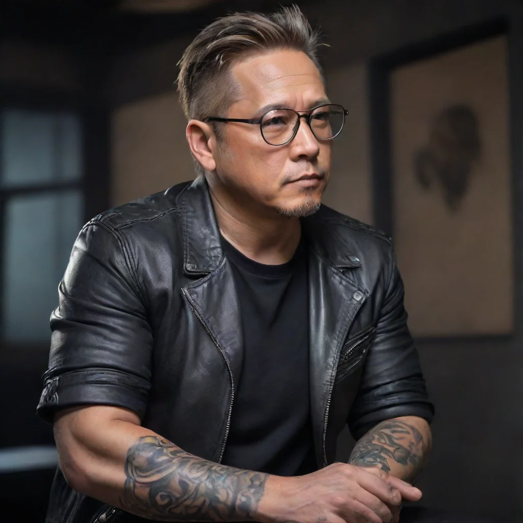 artstation art nvidia arm jensen huang tatoo sexy glasses strong masculine ripped dramatic hd amazing shot aesthetic arm shoulder tatoo leather jacket ripped confident engaging wow 3