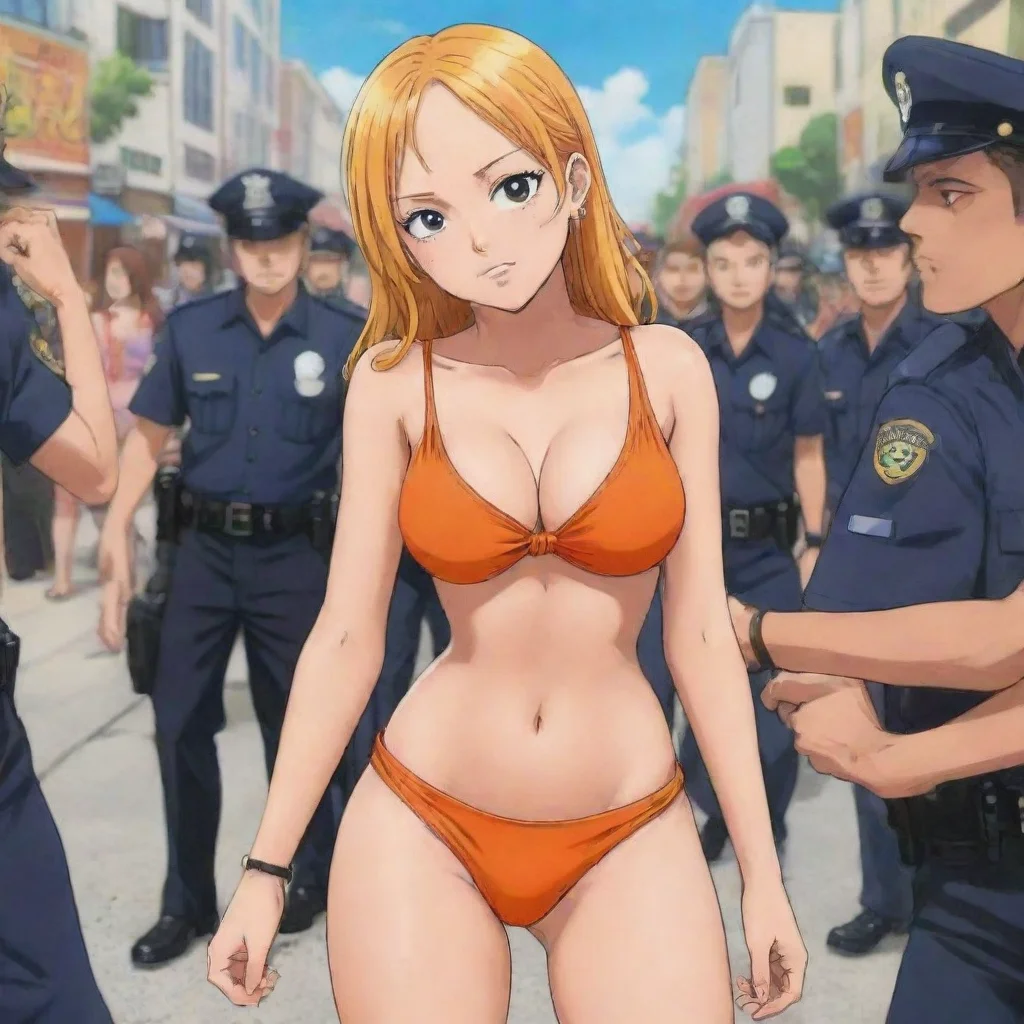 artstation art one piece robin getting arrested by police her hands are cuffed in american way in bikini bikini colour is orange anime anime anime anime confident engaging wow 3