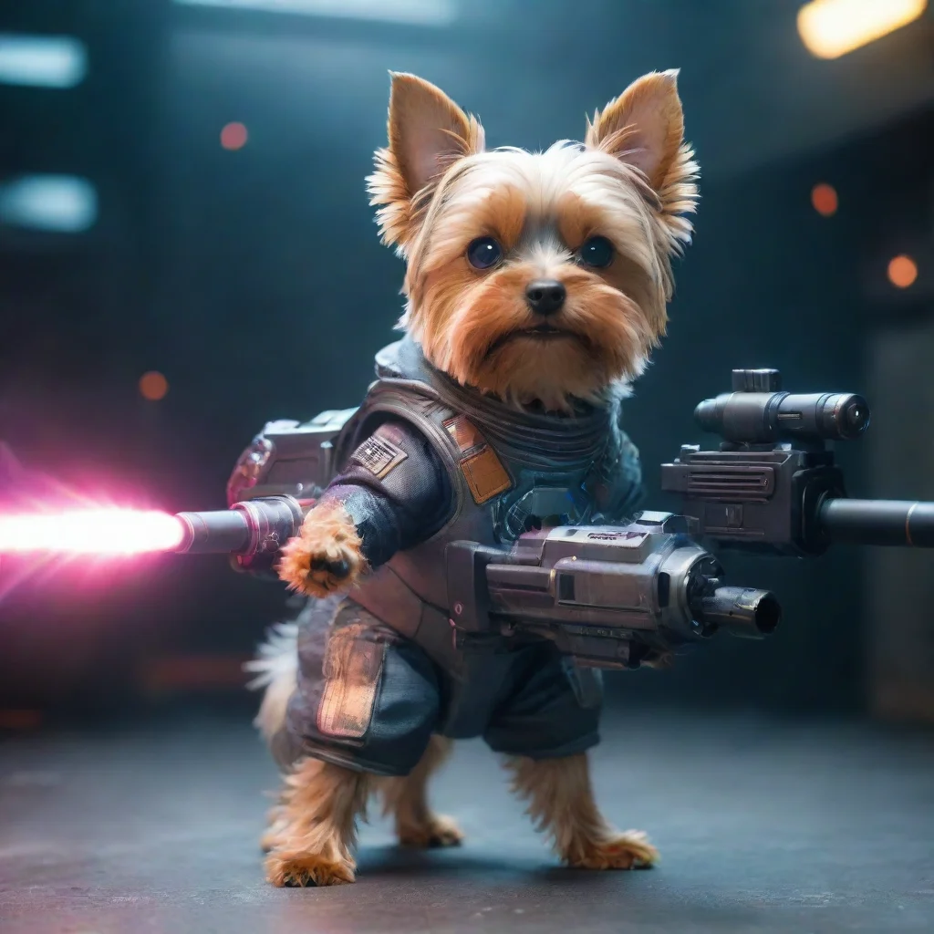 aiartstation art one yorkshire terrier in a cyberpunk space suit firing big weapon laser confident confident engaging wow 3