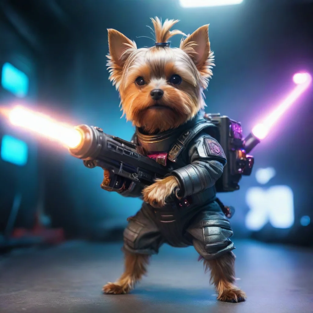 aiartstation art one yorkshire terrier in a cyberpunk space suit firing big weapon lot lighting confident engaging wow 3
