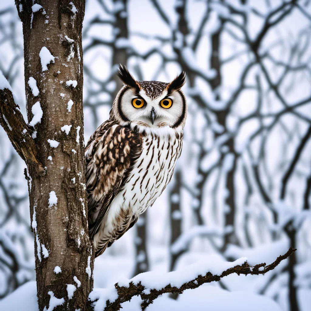 artstation art owl sits in tree in winter forest confident engaging wow 3