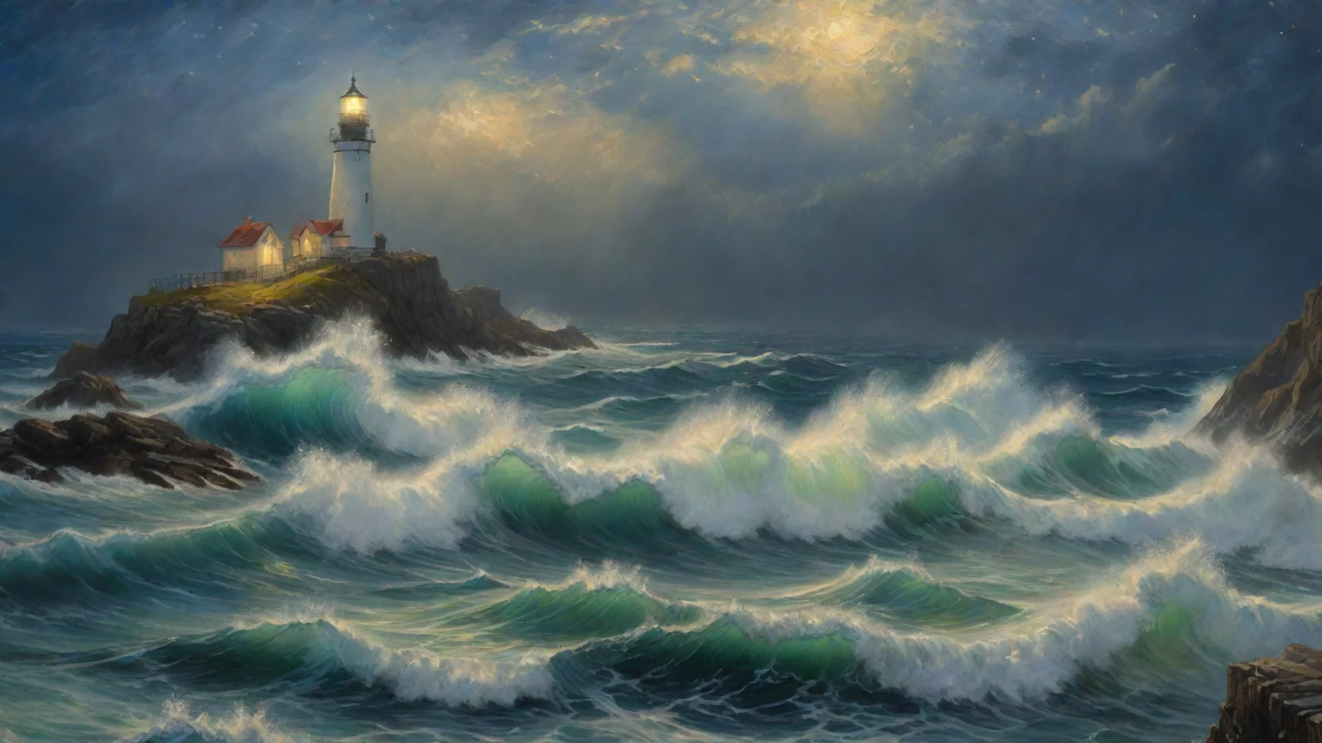 artstation art painting of waves crashing against tallrocks  lighthouse  dramatic lighting van gogh starry night magical atmosphere by renato muccillo a confident engaging wow 3 wide