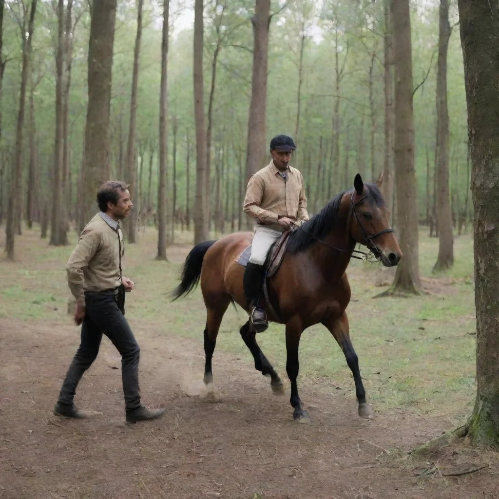aiartstation art panchi three men at the riding school are talking%2C and a horse is running in the forest confident engaging wow 3