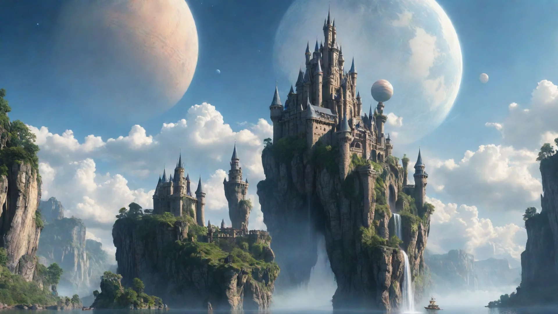 artstation art peaceful castle in sky epic floating castle on floating cliffs with waterfalls down beautiful sky with saturn planets confident engaging wow 3 wide