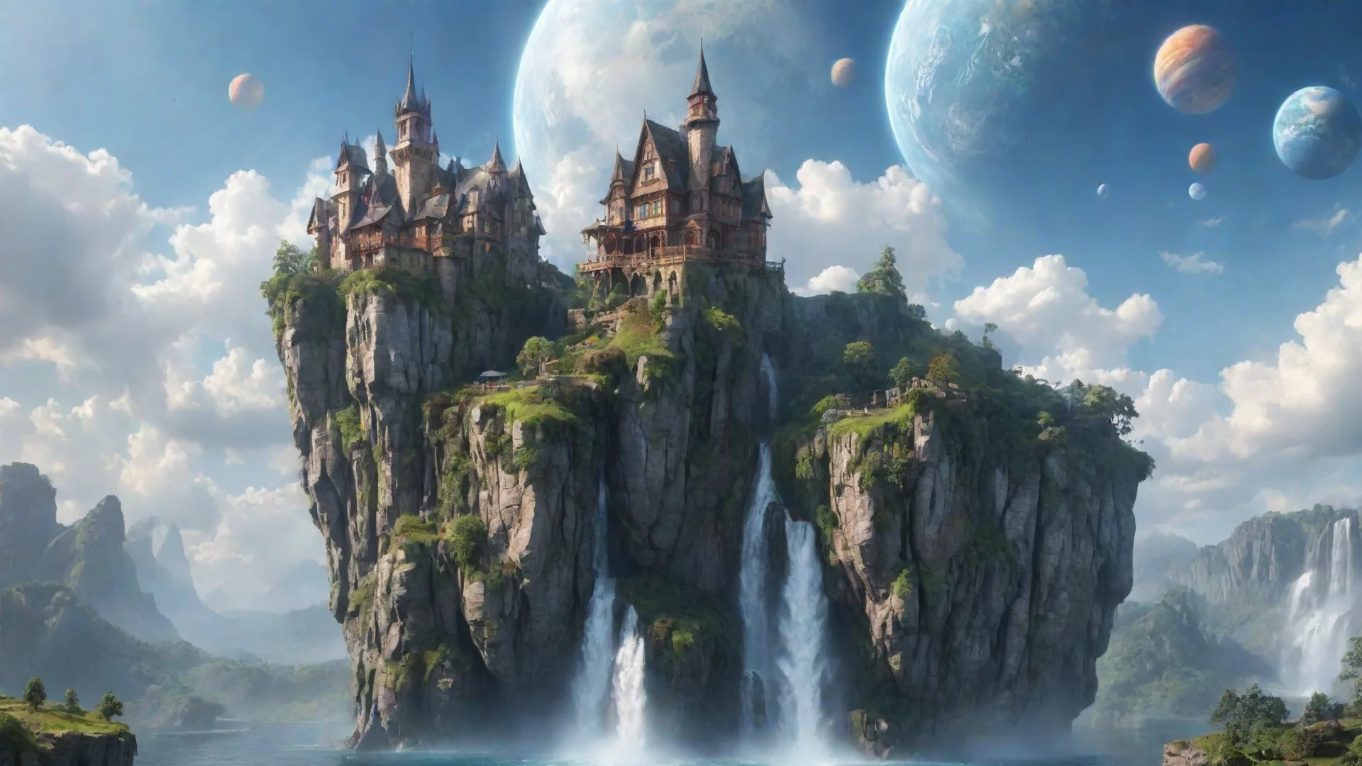 artstation art peaceful cottage in sky epic floating castle on floating cliffs with waterfalls down beautiful sky with planets confident engaging wow 3 wide