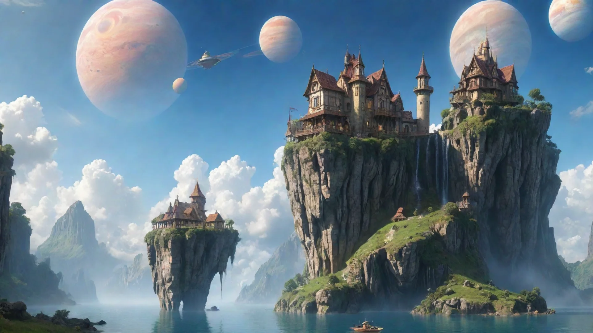 aiartstation art peaceful cottage in sky epic floating castle on floating cliffs with waterfalls down beautiful sky with saturn planets confident engaging wow 3 wide