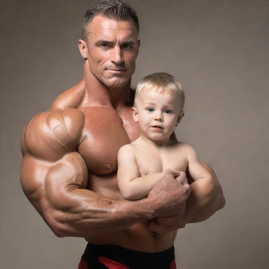 artstation art photographic bodybuilder holding a small boy confident engaging wow 3