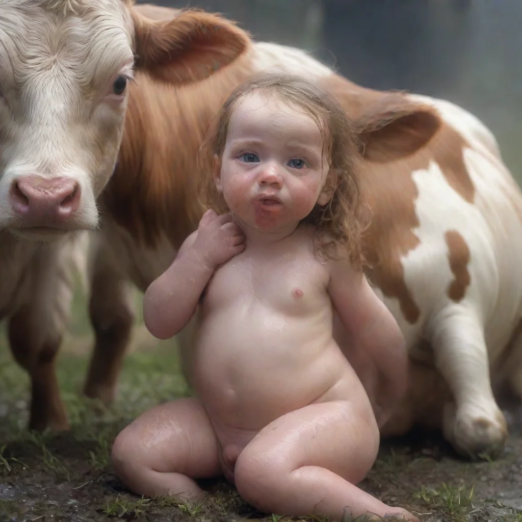 artstation art photorealistic hd detailed 8k cow give birth to a little baby girl human girl with  wet %26 slimy body. the baby girl come out of the cows%60s butt confident engaging wow 3