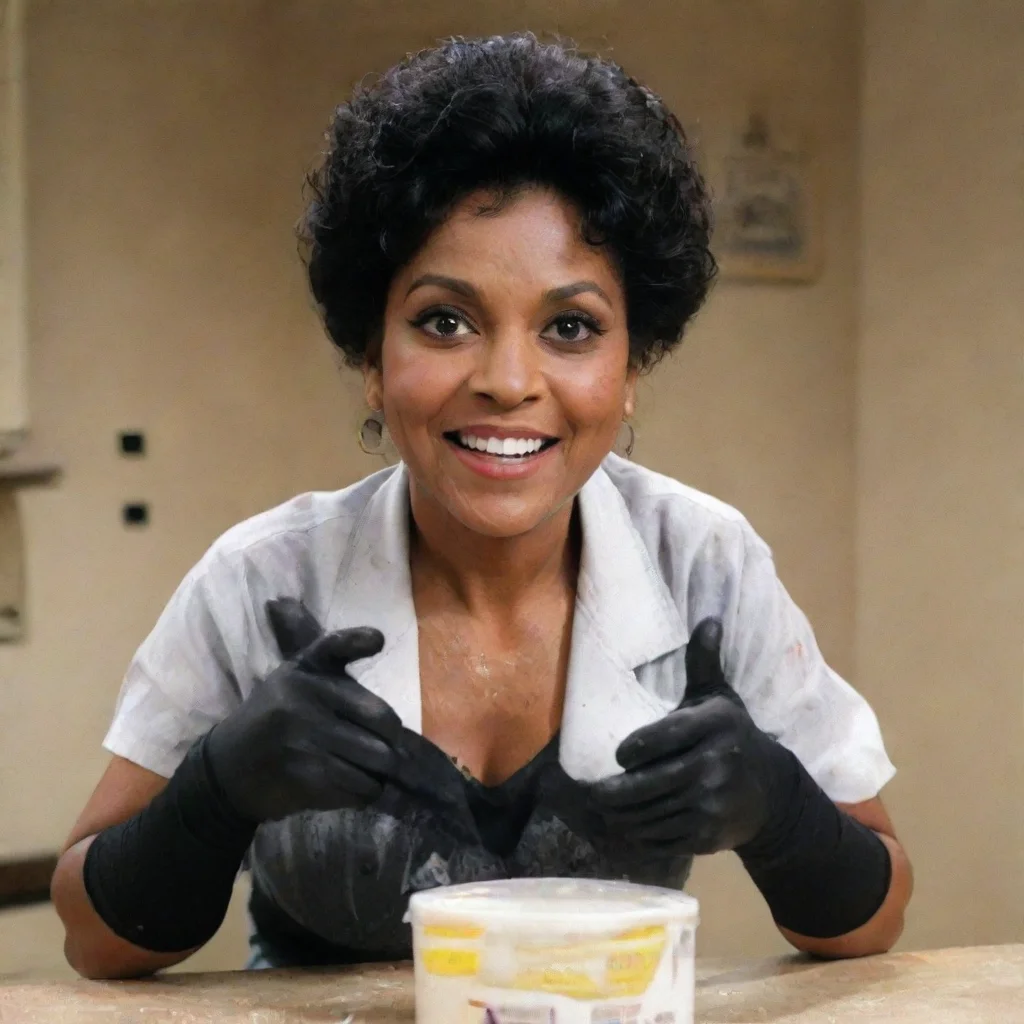 aiartstation art phylicia rashad as clair huxtable from the cosby show smiling  with black medical nitrile gloves and gun and mayonnaise splattered everywhere confident engaging wow 3