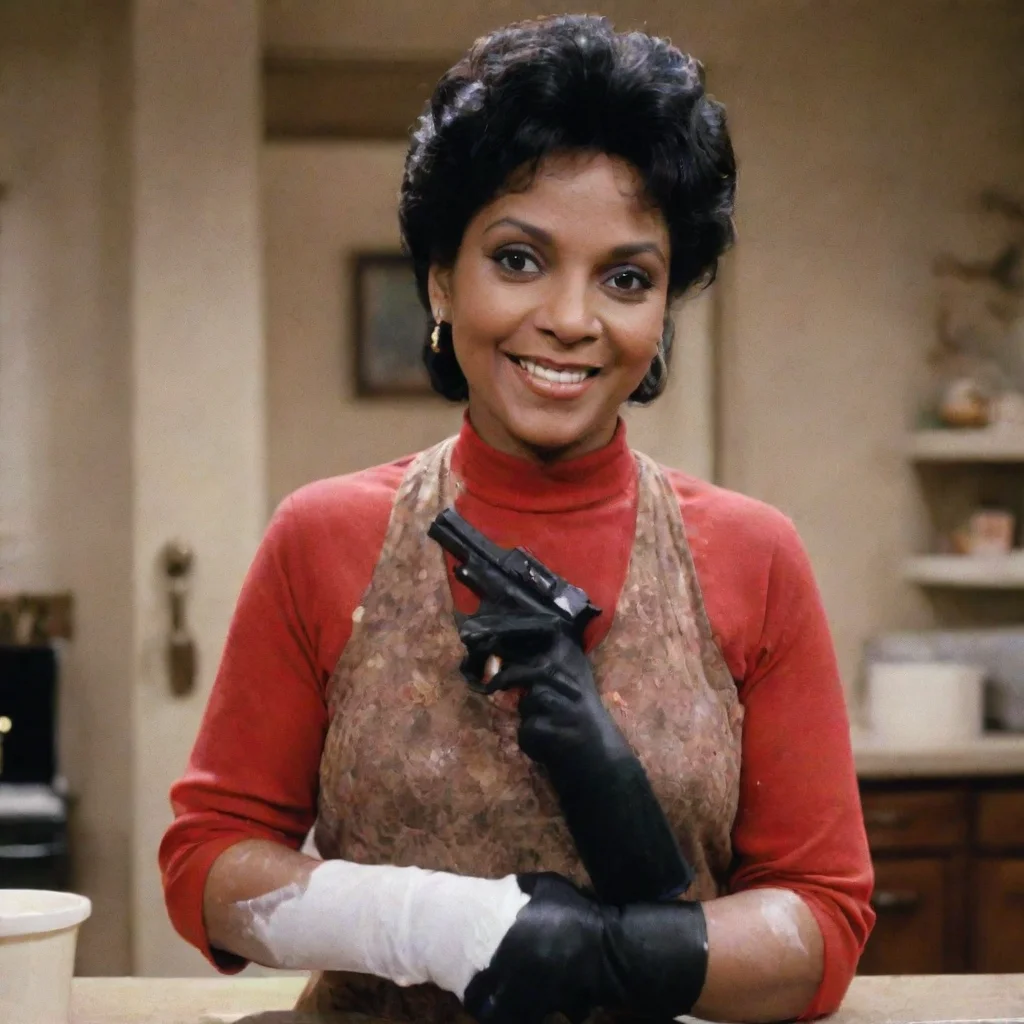 aiartstation art phylicia rashad as clair huxtable from the cosby show smiling  with black nitrile gloves and gun and mayonnaise splattered everywhere confident engaging wow 3