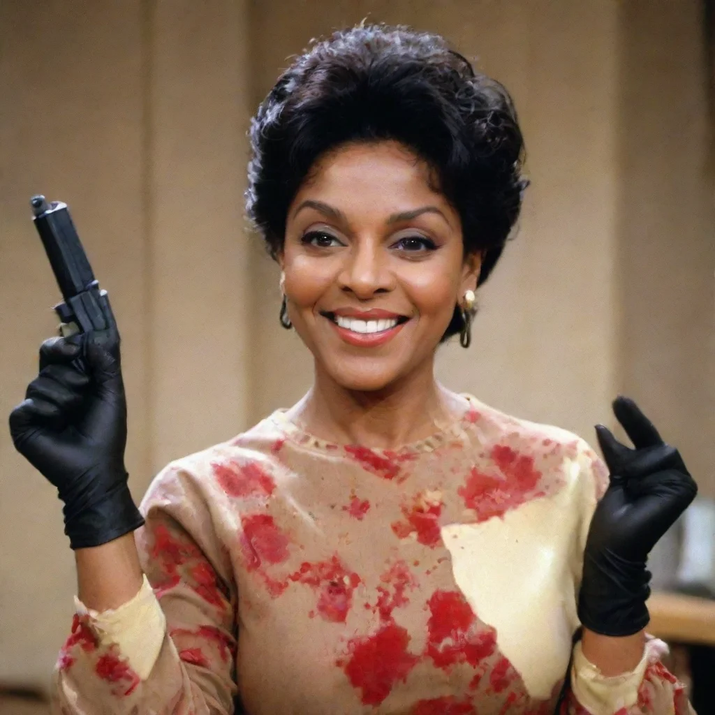 artstation art phylicia rashad as clair huxtable from the cosby show smiling  with black tough nitrile gloves and gun and mayonnaise splattered everywhere confident engaging wow 3