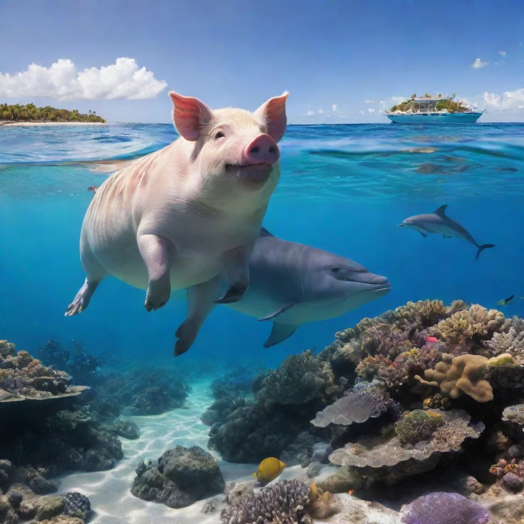 artstation art pig rides dolphin near a coral reef by the beach confident engaging wow 3