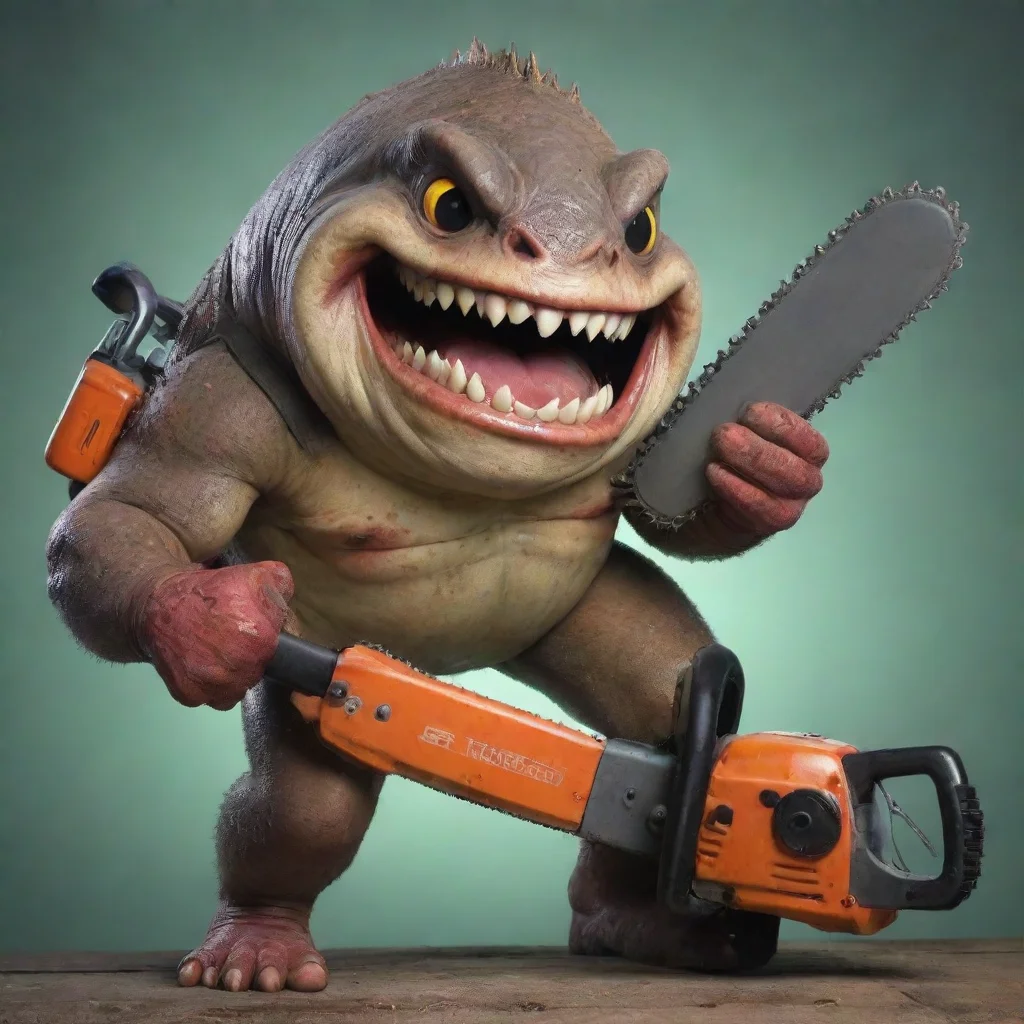 aiartstation art piranha with big psyco smile holding a chainsaw confident engaging wow 3