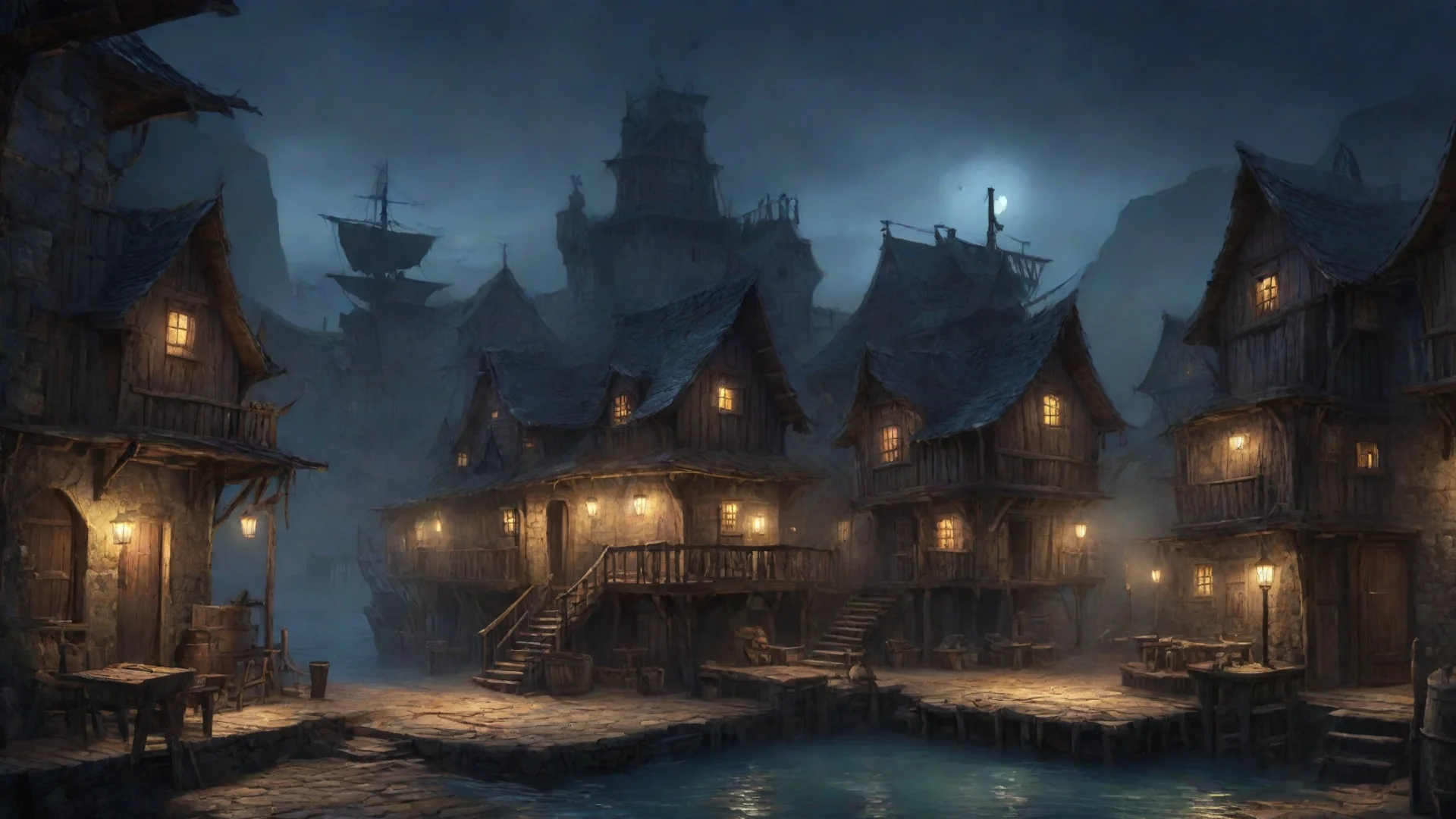 aiartstation art pirate village by night concept art%2C pub%2C prison confident engaging wow 3 wide