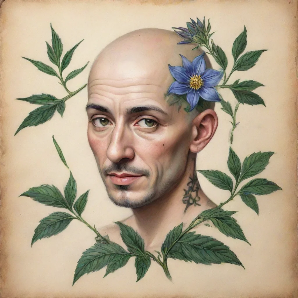 artstation art plant nigella damascena as a face tattoo in style of old herbarium paintings on hyper realistic wet handsome young bald  confident engaging wow 3