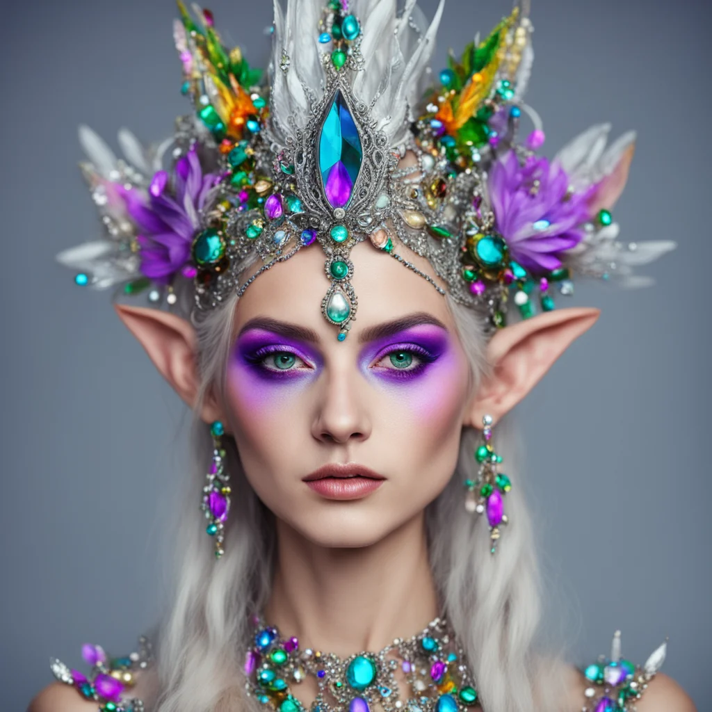 aiartstation art portrait of a mysterious beautiful elf%2C female%2C with a strange silver headdress with plenty of multicolored jewels confident engaging wow 3