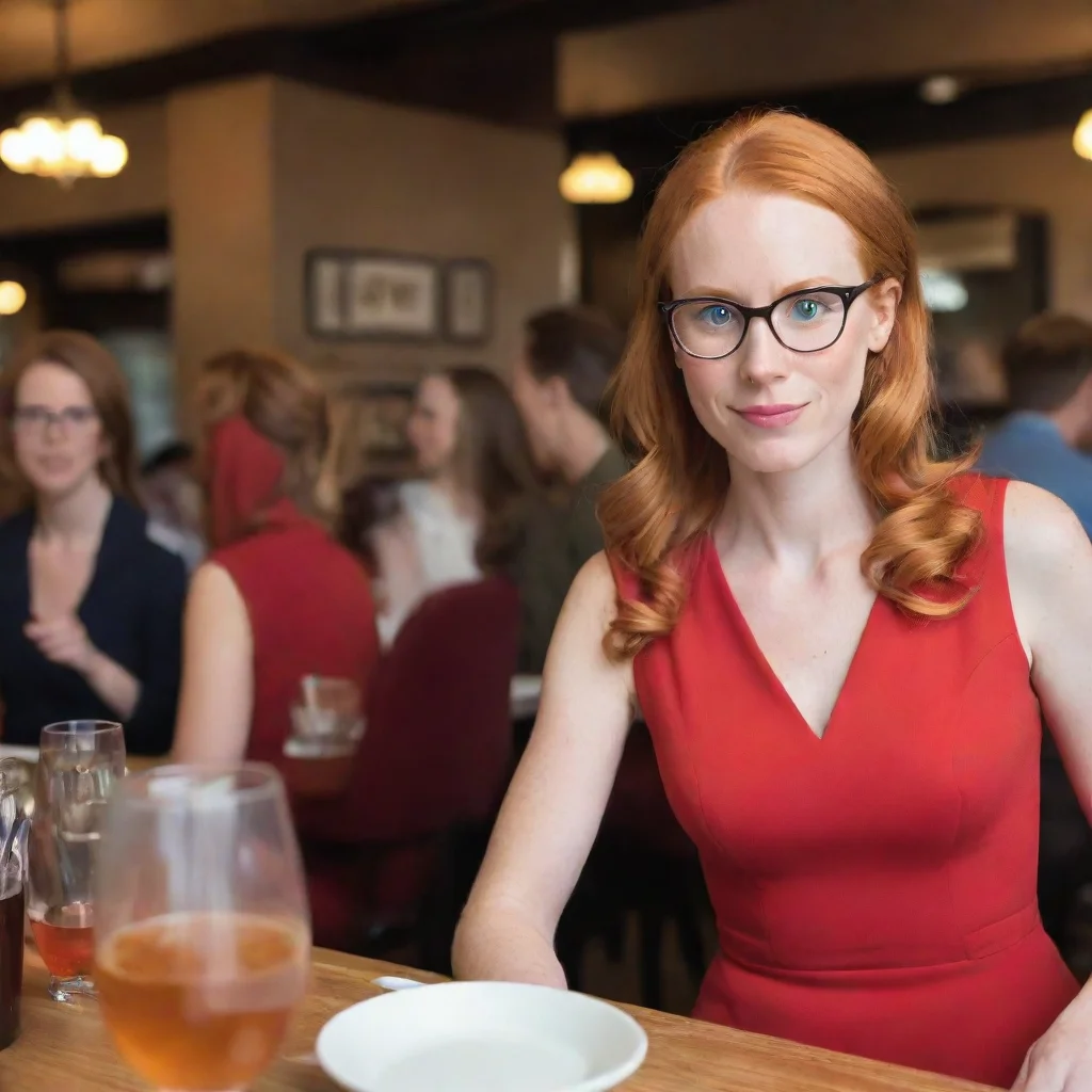artstation art pov cute ginger nerdy mother in red dress at a restaurant confident engaging wow 3