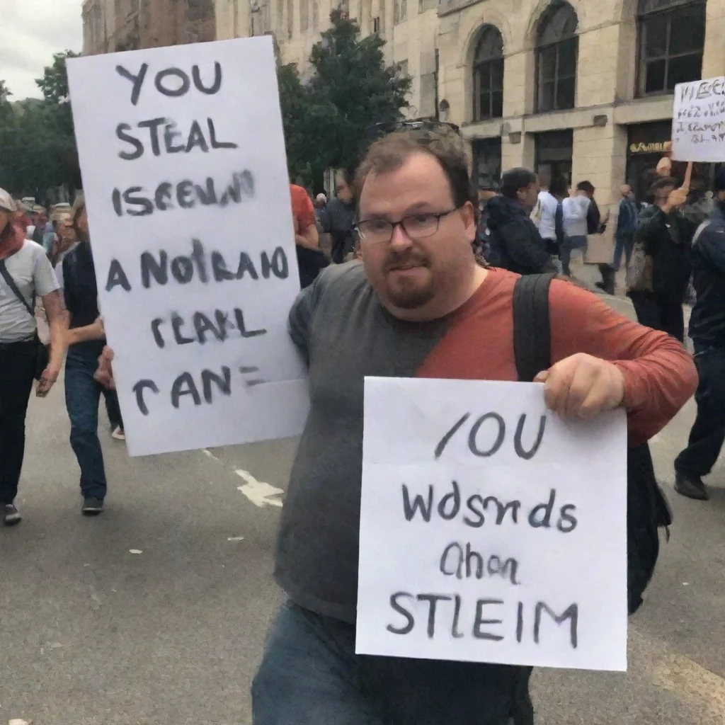 aiartstation art prompt engineer sad that his images are getting stolen%2C holding a protest sign that says you wouldn%27t steal a stolen car confident engaging wow 3