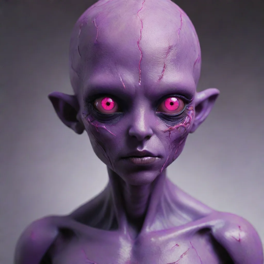 aiartstation art purple humanoid with no mouth%2C purple eyes with bright pink sclera%2C and purple skin with pink cracks. confident engaging wow 3