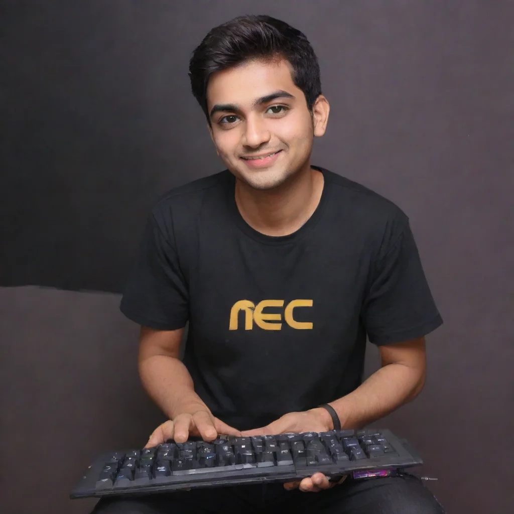 aiartstation art rakazone gaming aka rishab karanwal holding a keybord with the brand name meckeys confident engaging wow 3