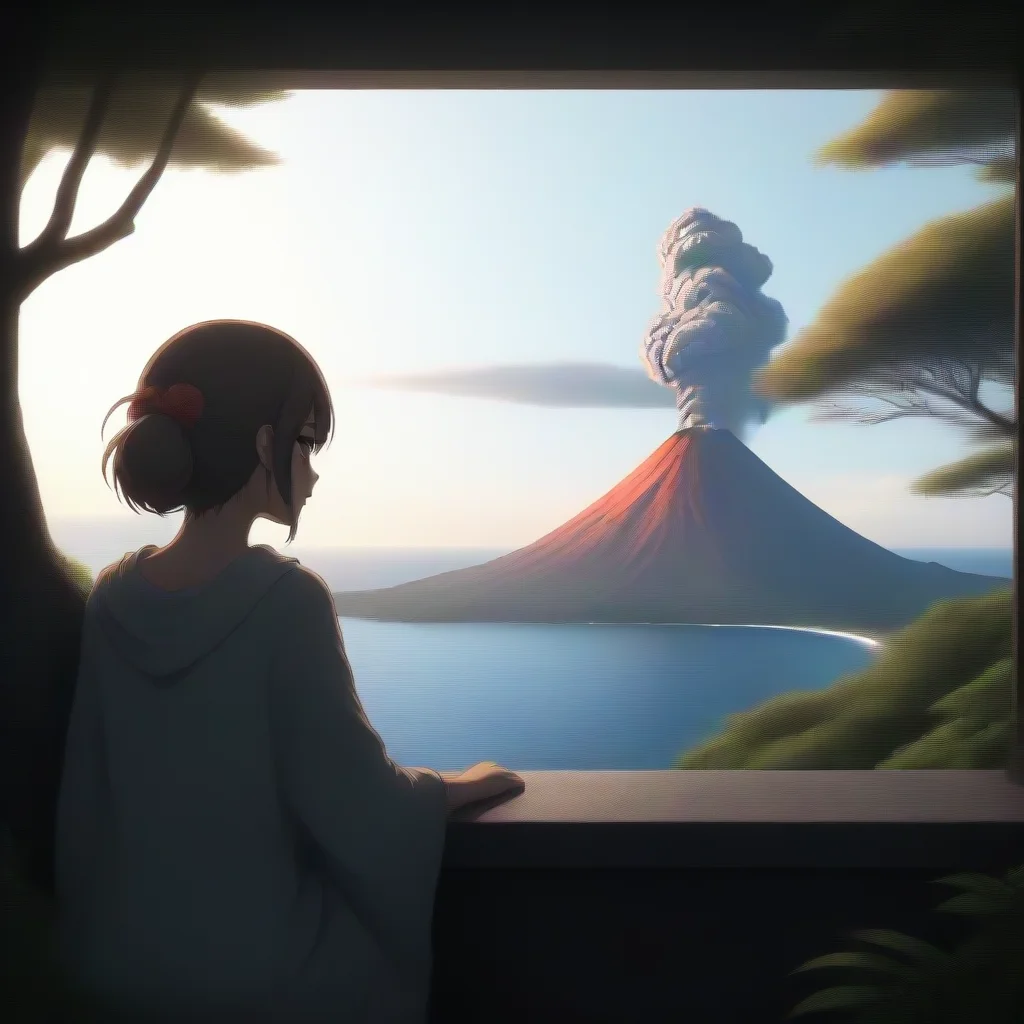 artstation art relaxing anime scene serene lookout over ocean with volcano confident engaging wow 3