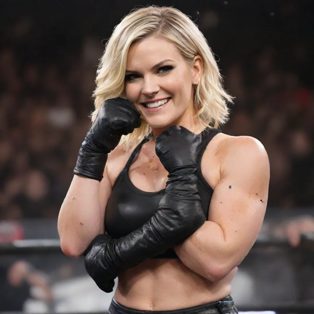 artstation art renee young wwe smiling with black gloves and gun and mayonnaise splattered everywhere confident engaging wow 3
