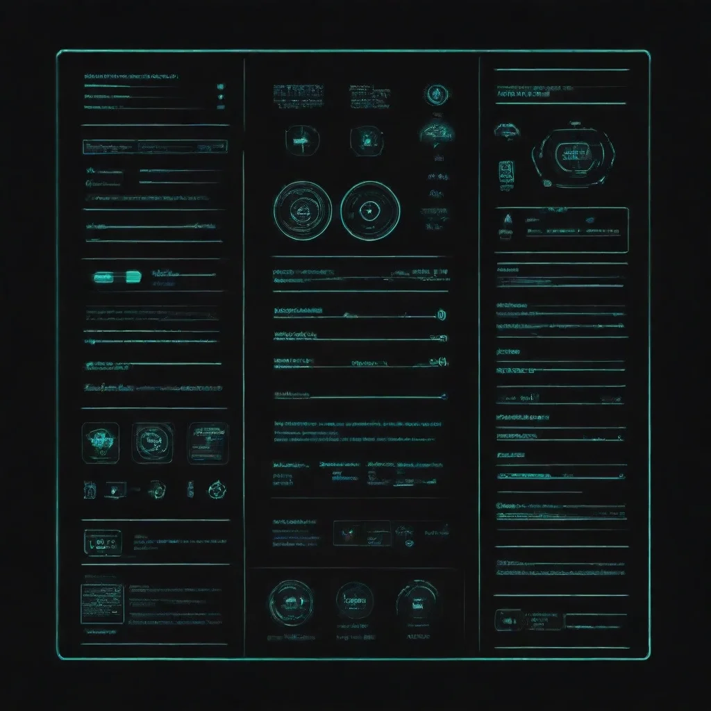artstation art retro futuristic computer interface with a black background and ambert text and vector graphics. the ui should show simple technical information with simple vector graphics of shapes%