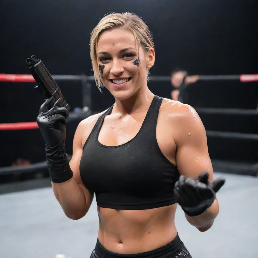 artstation art rhea ripley smiling  with black comfy nitrile gloves  and gun and mayonnaise splattered everywhere confident engaging wow 3