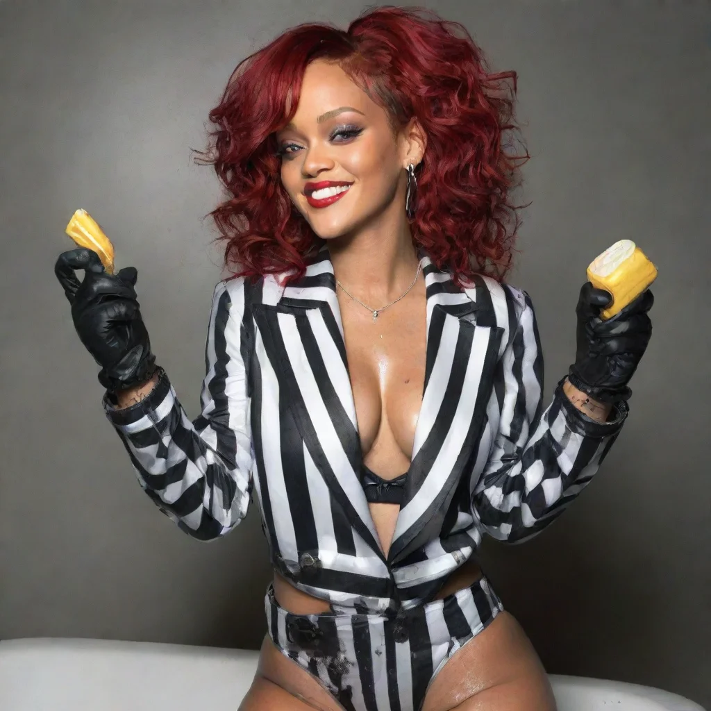 artstation art rihanna red hair  smiling  wearing a black and white striped  jacket over a black bathing suit with black  nitrile gloves  and gun and mayonnaise splattered everywhere confident engag