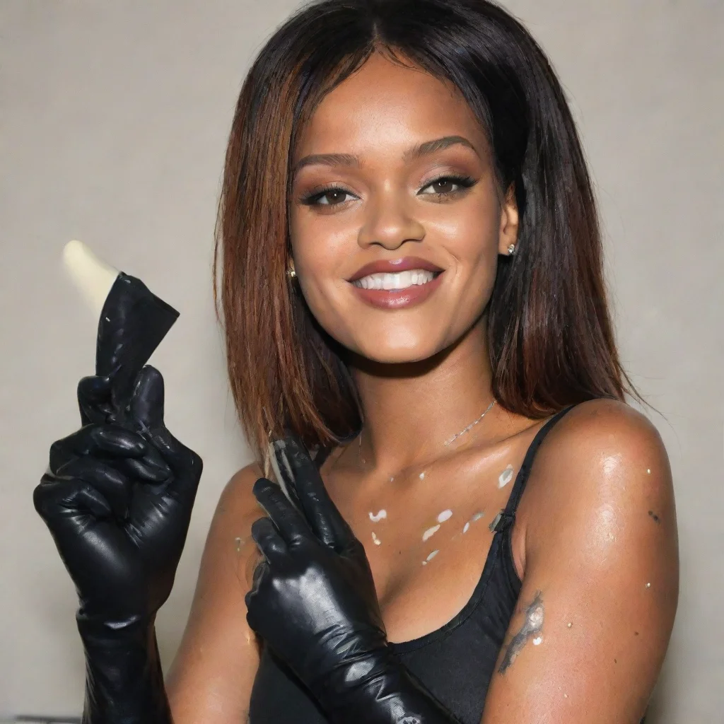 aiartstation art rihanna smiling  with black nitrile gloves and gun and mayonnaise splattered everywhere confident engaging wow 3
