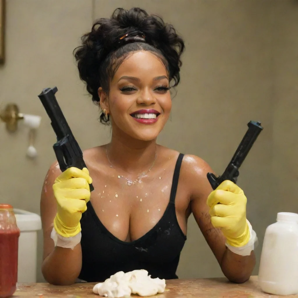artstation art rihanna wild thoughts smiling  with black comfy nitrile gloves and gun  and  mayonnaise splattered everywhere confident engaging wow 3