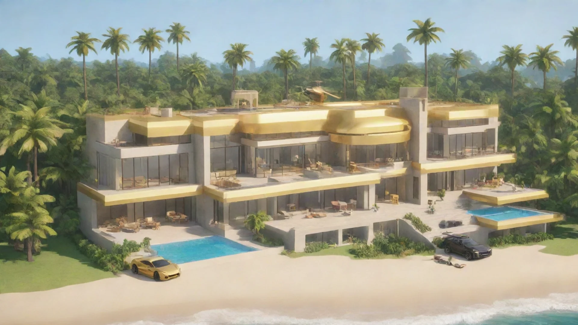 artstation art roblox modern mansion on beach with gold car in center and helicopter confident engaging wow 3 wide