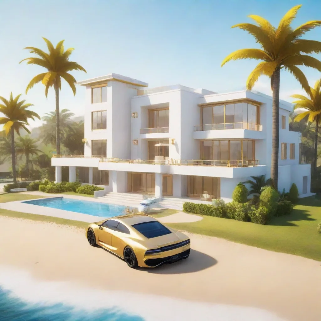 aiartstation art roblox white modern mansion%2C beach background%2C gold car%2C helicopter confident engaging wow 3
