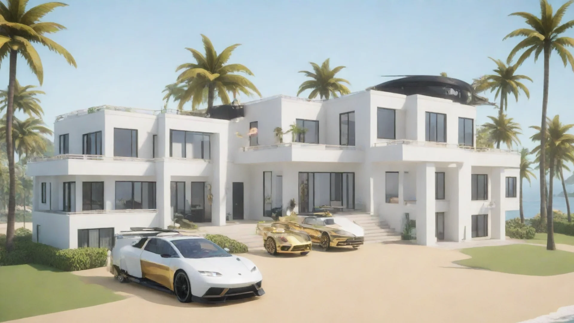 aiartstation art roblox white modern mansion in a beach background with gold car in center and black helicopter confident engaging wow 3 wide