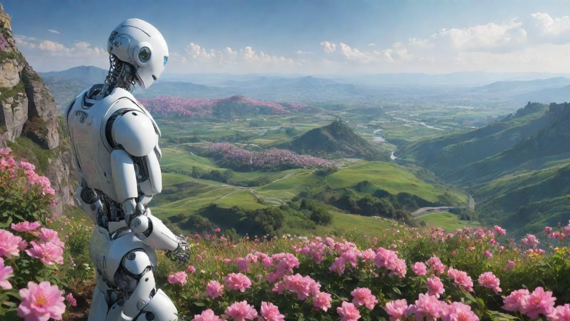 aiartstation art robot looking at sweeping views hd aesthetic best quality beautiful landscape environment flowers confident engaging wow 3 wide