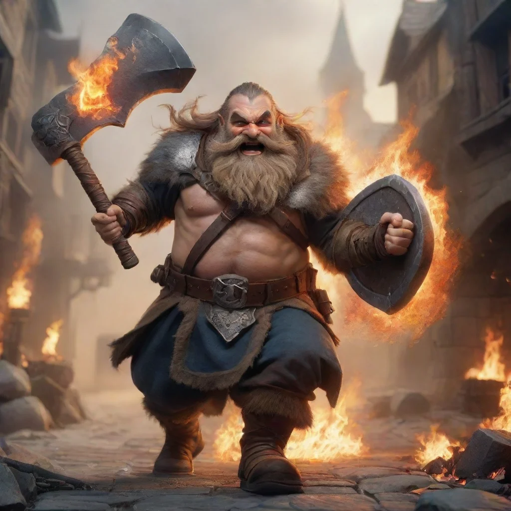 aiartstation art running dwarf with plate mail and long beard%2C with a big battle axe. flaming city on background confident engaging wow 3