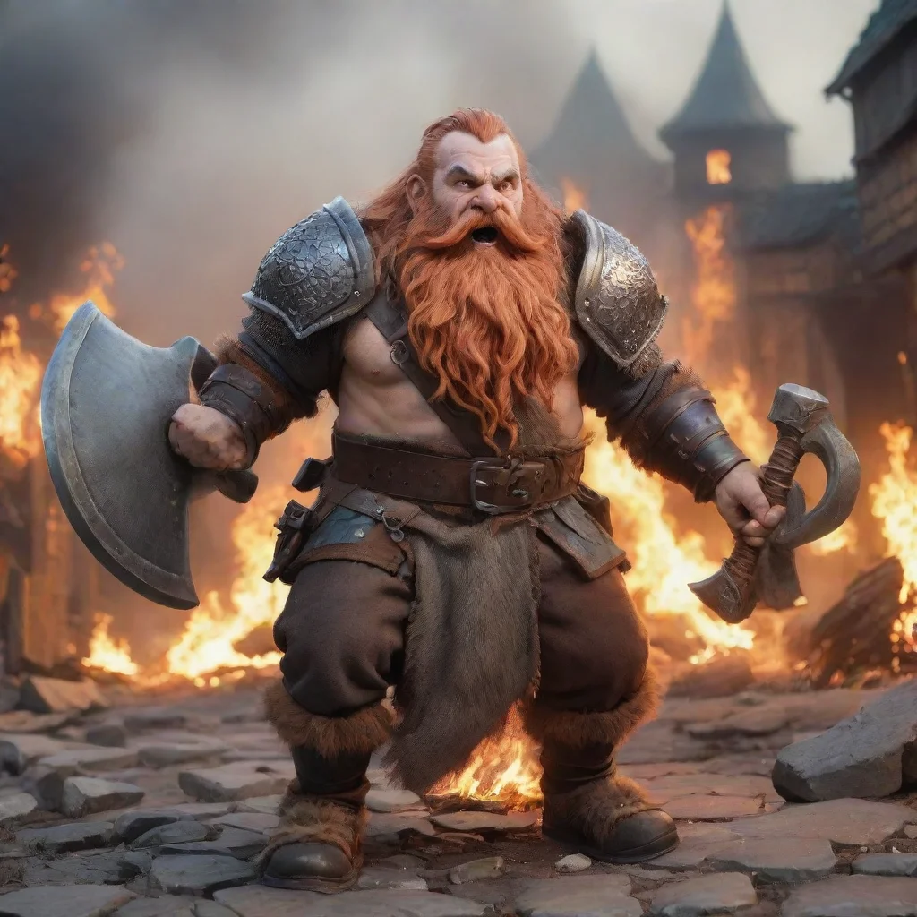 aiartstation art running dwarf with plate mail and long beard%2C with a big battle axe. flaming city on background. image from behind confident engaging wow 3