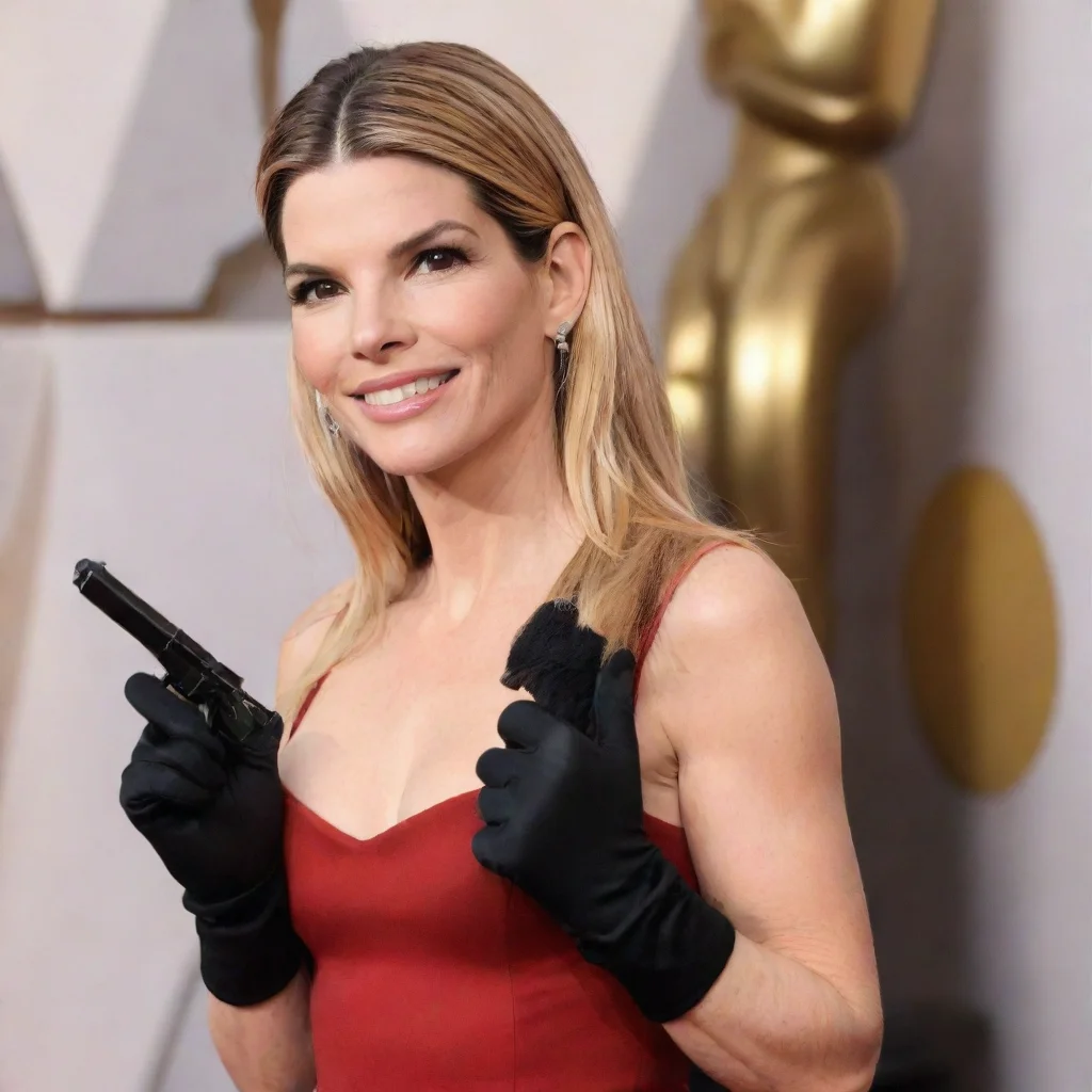 artstation art sandra annette bullock blonde hair at the academy awards ceremony smiling     with black gloves and gun shooting   mayonnaise confident engaging wow 3