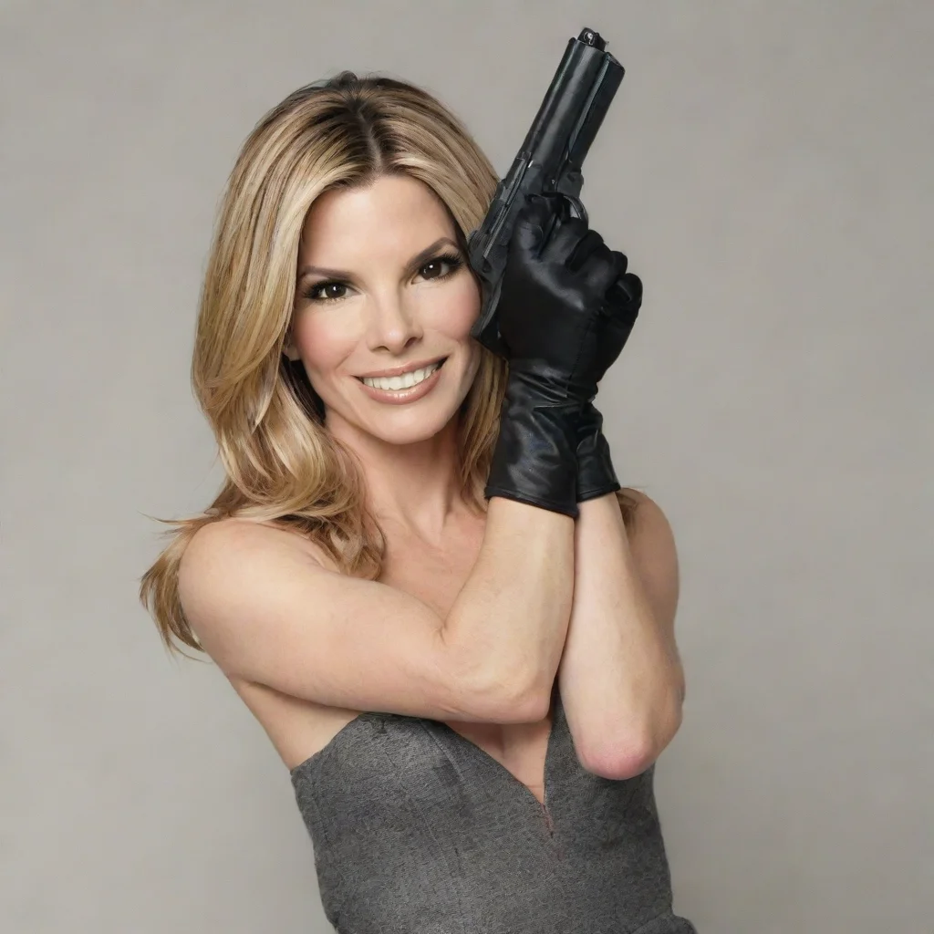 aiartstation art sandra bullock blonde hair  smiling with black gloves and gun shooting  mayonnaise confident engaging wow 3