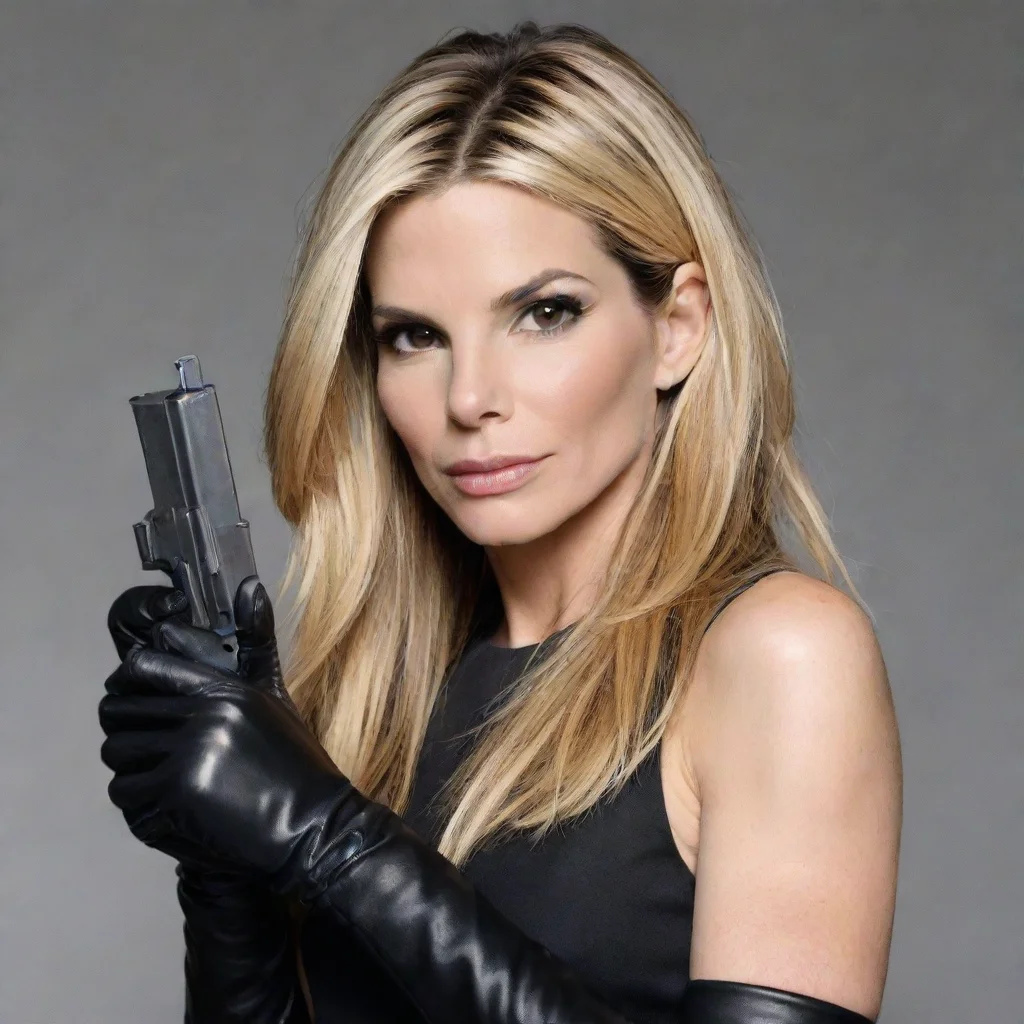 aiartstation art sandra bullock blonde hair with black gloves and gun shooting  mayonnaise confident engaging wow 3