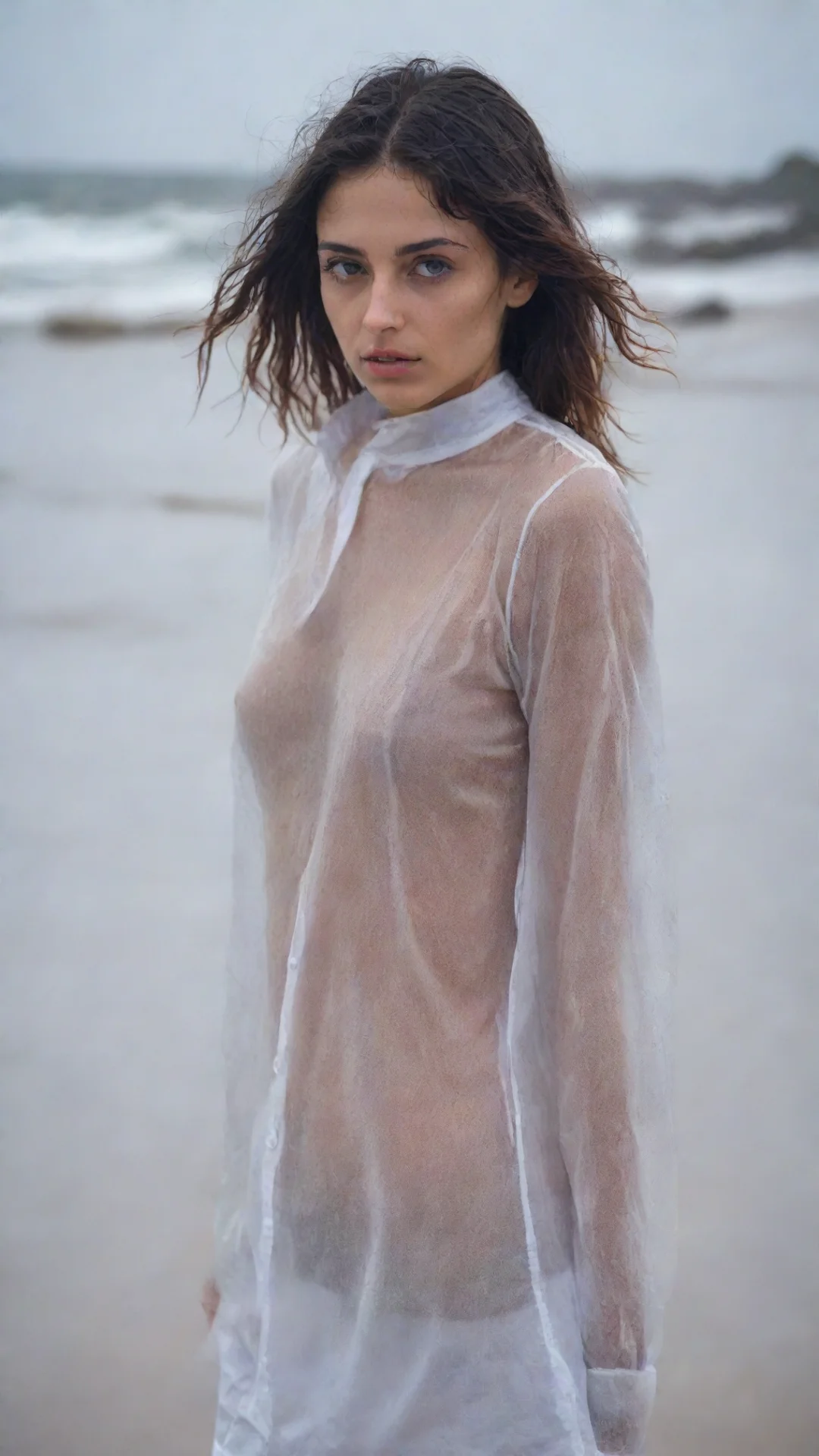 artstation art sensual portrait of a lonely young italian woman in a thin transparent white shirt at a wet and rainy beach good looking trending fantastic 1 confident engaging wow 3 tall