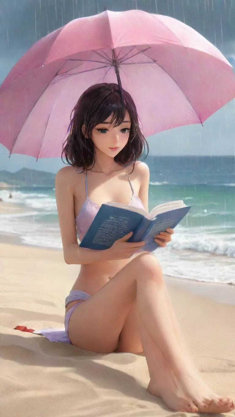 artstation art sexy anime cartoon woman that is reading a book while on under an unbrella on the beach while its raining confident engaging wow 3 tall